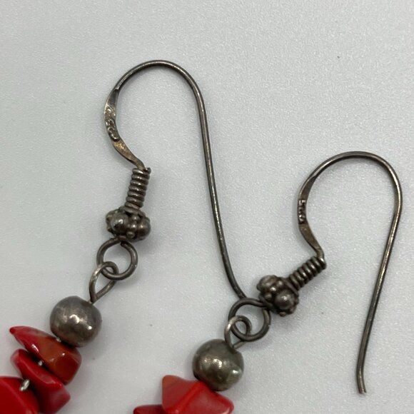 Turquoise & Coral Sterling Silver Dangle Earrings Handmade Boho Chic Style - Picture 2 of 4